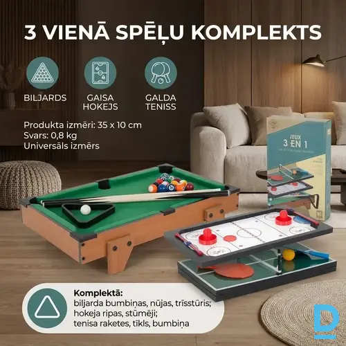 3-in-1 spēļu galds bērniem un pieaugušajiem – biljards, galda teniss, gaisa hokejs 52,5 x 32,5 x 10,5 cm 3-in-1 spēļu galds bērniem un pieaugušajiem – biljards, galda teniss, gaisa hokejs 52,5 x 32,5 x 10,5 cm