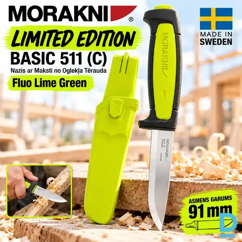 MORAKNIV LIMITED EDITION BASIC 511 C Nazis ar Maksti no Oglekļa Tērauda Fluo Lime Green SWEDEN Rokas Darba SpecInstrumenti