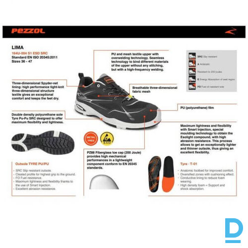 Darba kurpes plata lieste Lima Pezzol S1 Esd A E FO Src Work Shoes Fiberglass Spyder Net Flexisibility Metal Free black white ITALY drošības darba apavi