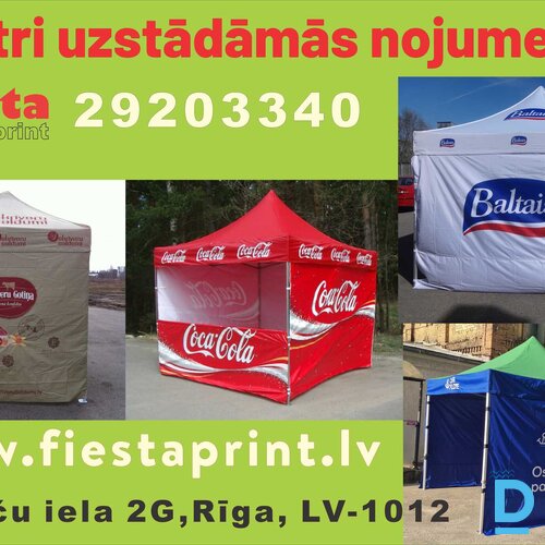Izgatavojam jaunas teltis, veicam telšu remontu, drukājam reklāmu uz teltīm, baneriem, apģērbiem. 