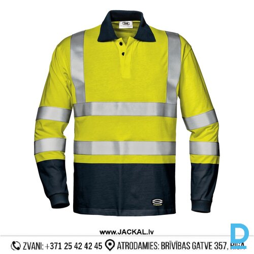 Darba Polo Krekls ar Garām Piedurknēm Antistatisks Liesmu Drošs HI-VIS GOMEZ Sir Reflector Strips Yellow Navy Blue ITALY Darba Apģērbs Specapģērbs Aizsargapģērbs