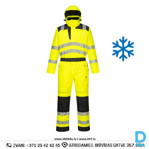 Ziemas Darba Kombinezons Pilnais HI VIS PW352 Portwest 300D Oxford Double PU Coated Reflective Black Yellow BELGIUM Drošības Darba Apģērbs Specapģērbs Aizsargapģērbs