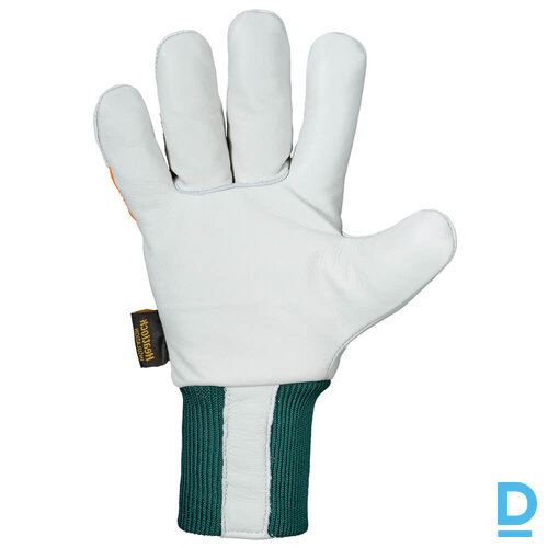 LARCHE STRONGHAND Mežistrādes Zāģeriem Ādas Ziemas Darba Cimdi ar Adītu Aproci KWF Tested Thinsulate Thermal Lining White Orange GERMANY Drošības Darba Apģērbi Aksesuāri Specapģērbi