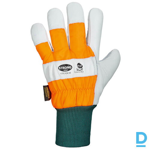 LARCHE STRONGHAND Mežistrādes Zāģeriem Ādas Ziemas Darba Cimdi ar Adītu Aproci KWF Tested Thinsulate Thermal Lining White Orange GERMANY Drošības Darba Apģērbi Aksesuāri Specapģērbi