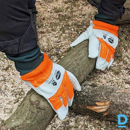 LARCHE STRONGHAND Mežistrādes Zāģeriem Ādas Ziemas Darba Cimdi ar Adītu Aproci KWF Tested Thinsulate Thermal Lining White Orange GERMANY Drošības Darba Apģērbi Aksesuāri Specapģērbi