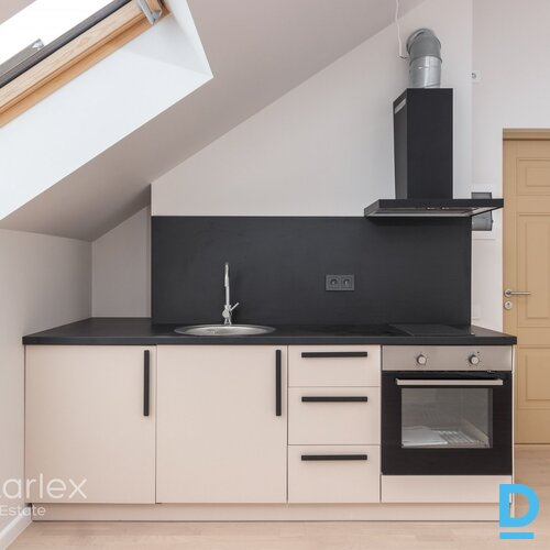 3 istabu mansarda dzīvoklis renovētā jūgendstila ēkā Rīgā, ar panorāmas skatu uz Ziedoņdārzu.